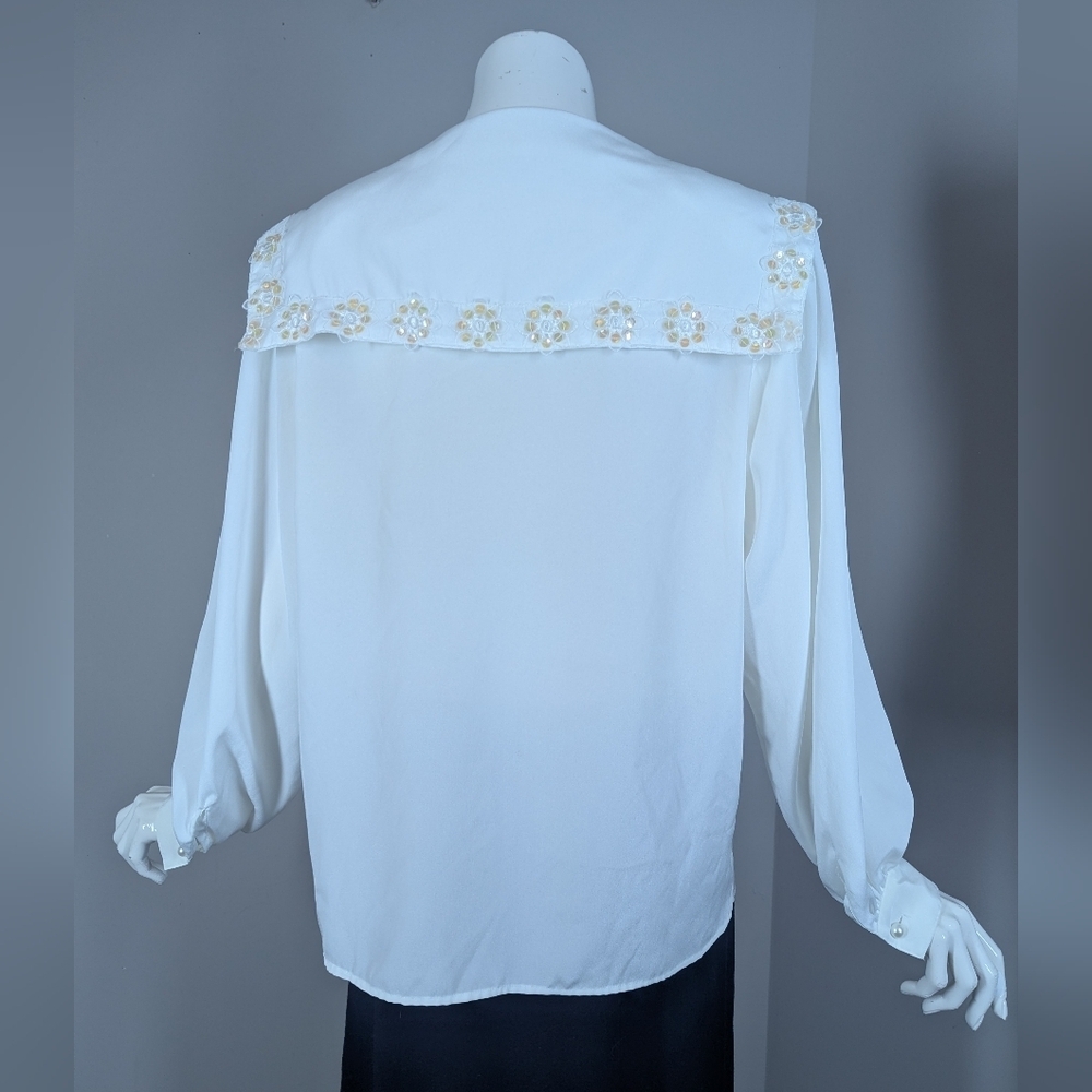 Vintage White Blouse with Sailor Collar | Sequin Floral Trim Shoulder Pads - Picture 5 of 8